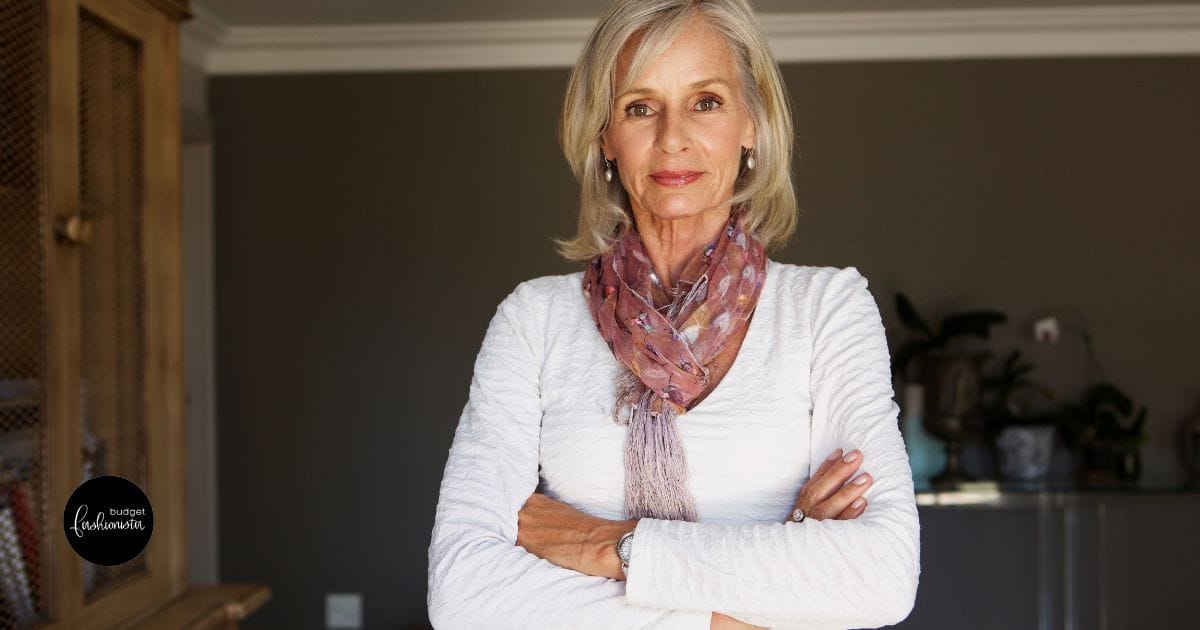 Define Your Style: A 6-Minute Guide 24 Older woman wearing white tee shirt and scarf. This image is associated with an original post from thebudgetfashionista.com. If you are viewing it elsewhere, the domain has stolen it and is using it without permission.