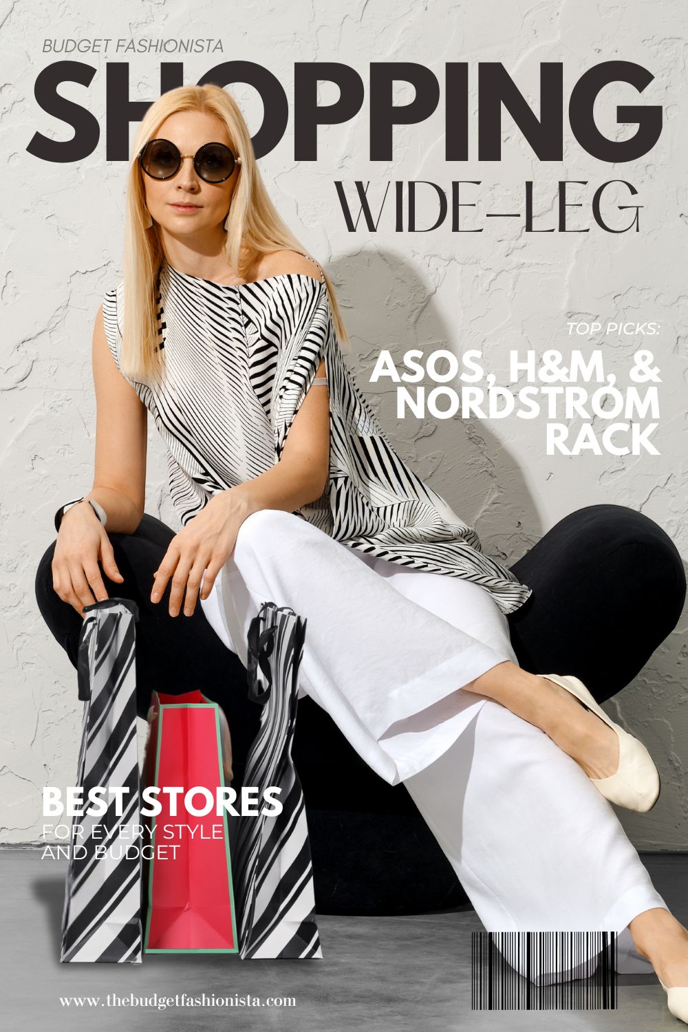 Where to Buy Wide-Leg Pants 1 Woman sitting wearing wide-legged pants with a striped bag.