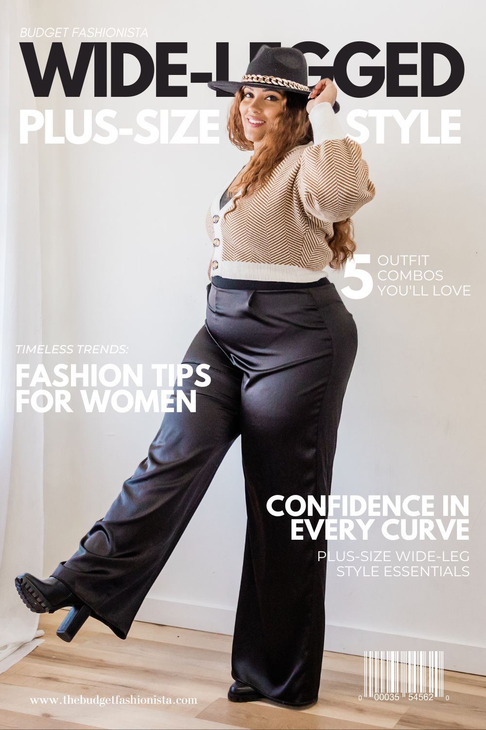 How to Style Plus-Size Wide-Leg Pants 1 Woman in hat, sweater, and black wide-leg pants.