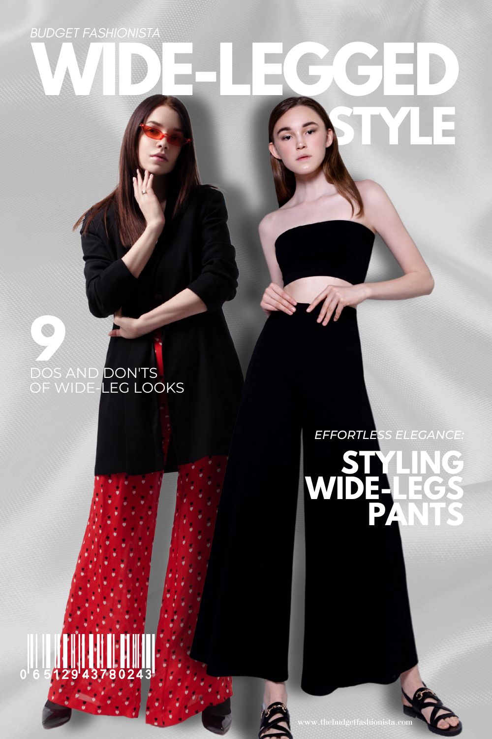 How to Wear Wide-Leg Pants Now 1 Two women wearing wide-legged pants against a textured background.
