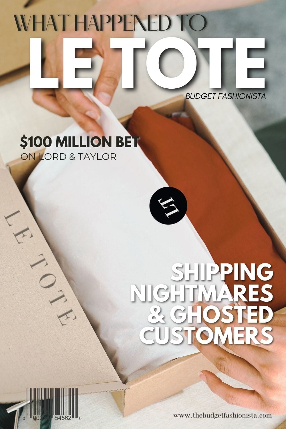 What Happened to Le Tote? 1 Top view of woman opening up a Le Tote branded box with text overlay.